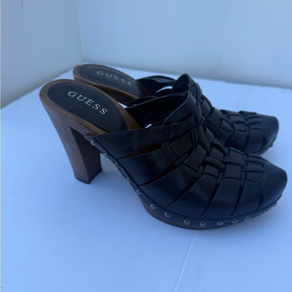 GUESS Black Woven Leather Mule Heels with Wood-Look Block Heel